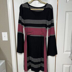Prana Women’s Sydney Sweater LG Dress Long Flare Sleeve Boho Striped Tie Back